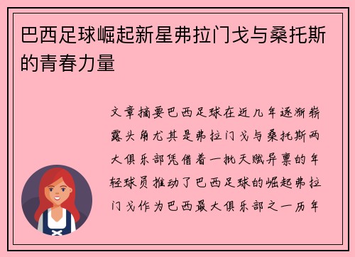 巴西足球崛起新星弗拉门戈与桑托斯的青春力量 巴西足球崛起新星弗拉门戈与桑托斯的青春力量
