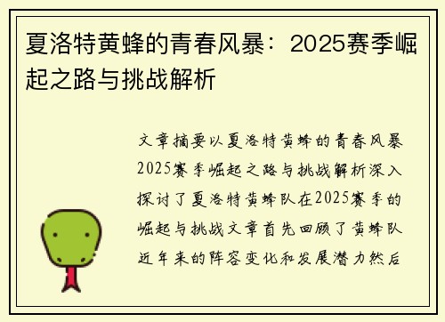 夏洛特黄蜂的青春风暴:2025赛季崛起之路与挑战解析 夏洛特黄蜂的青春风暴:2025赛季崛起之路与挑战解析